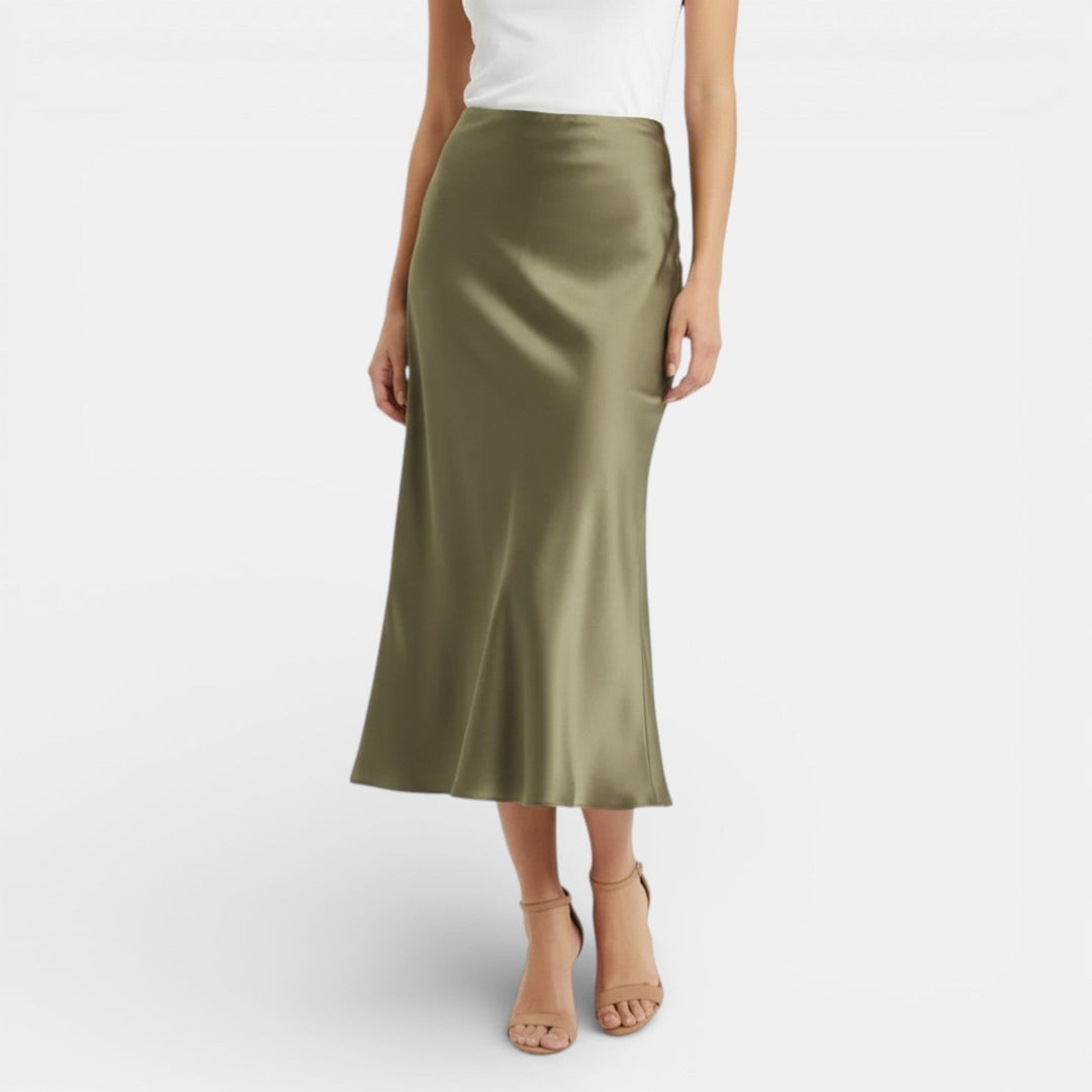 Falda satinada mujer cintura alta negra, ideal para fiesta o evento elegante.