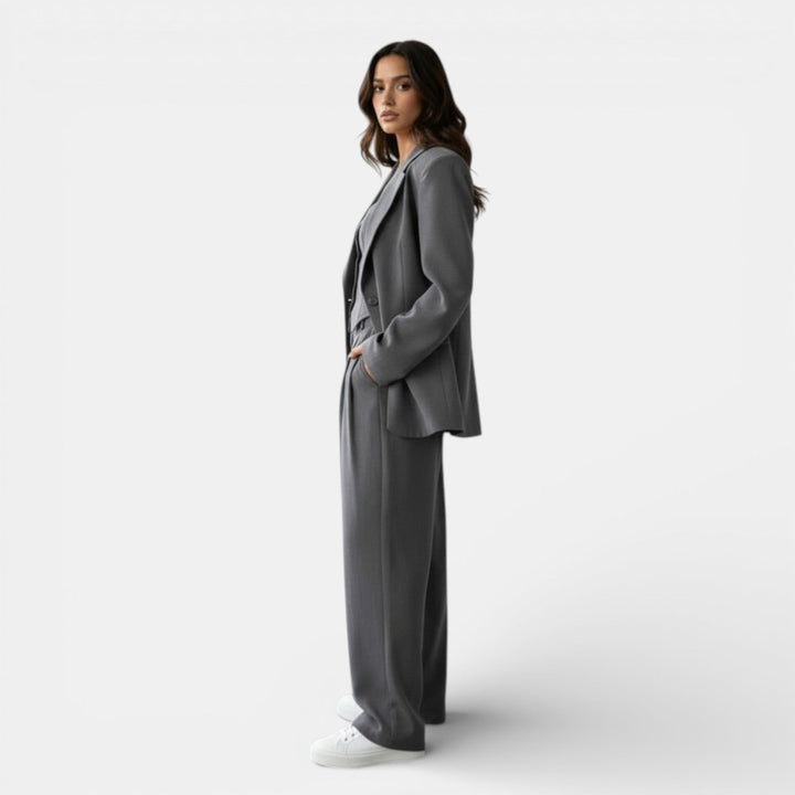 Conjunto casual y elegante de primavera para mujer, 3 piezas gris. Perfecto para eventos de moda.