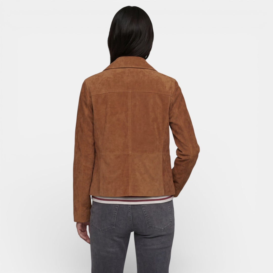Chaqueta de moda para mujer en ante marrón, perfecta para vestir casual en primavera u otoño. Abrigo ligero.