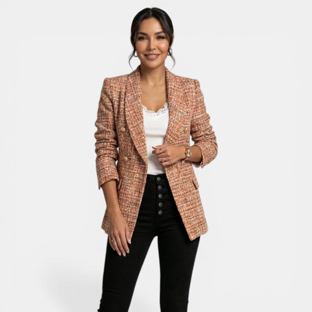Blazer moderno de mujer, estampado, doble botonadura. Ideal para looks de oficina y casual elegante.