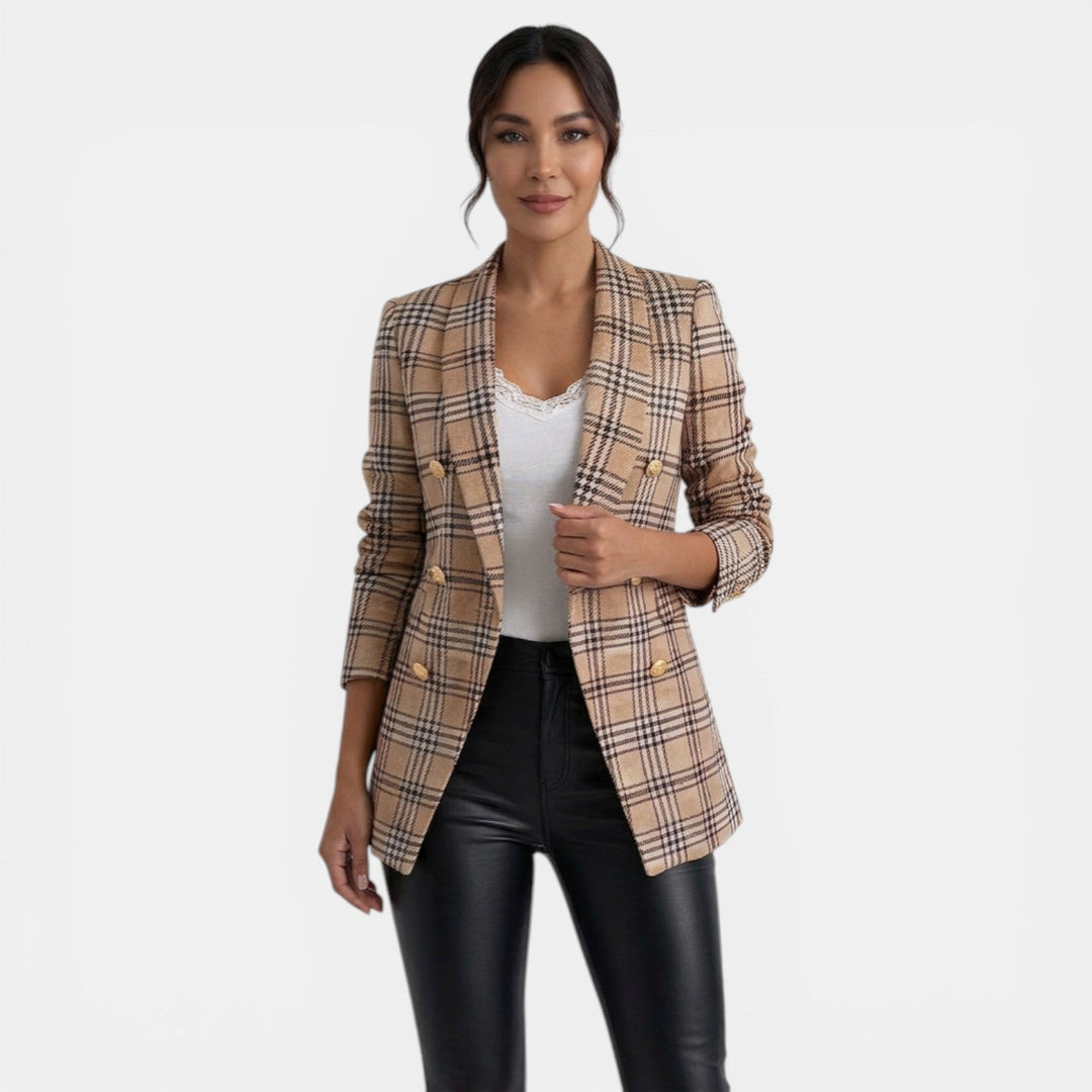 Blazer estampado de mujer con doble botonadura, estilo elegante y moderno.