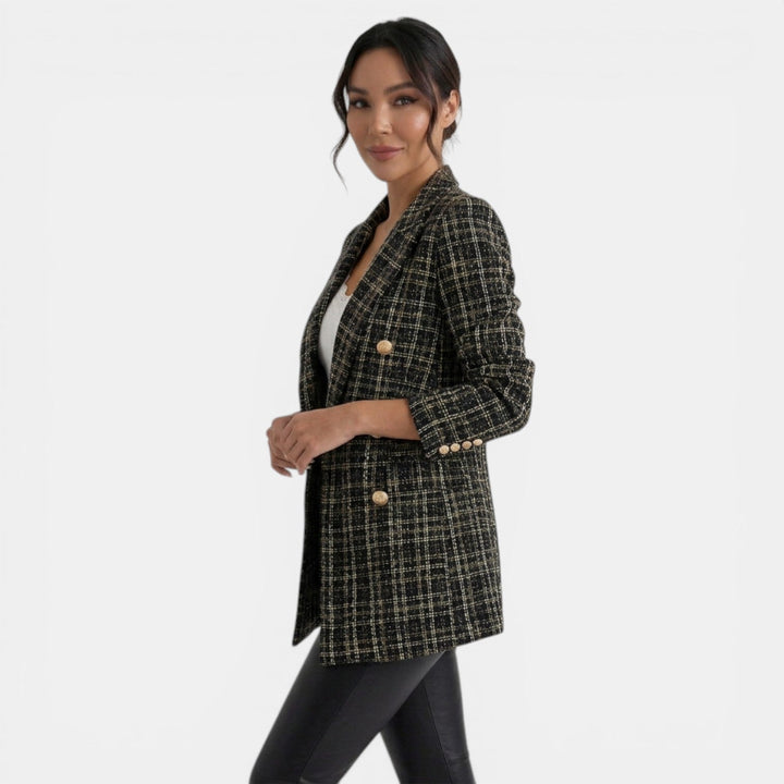 Blazer estampado de mujer. Chaqueta elegante con doble botonadura. Moda moderna para la oficina.