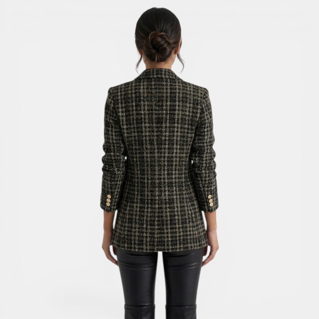 Blazer estampado elegante de mujer, doble botonadura. Chaqueta versátil para primavera, otoño y oficina.