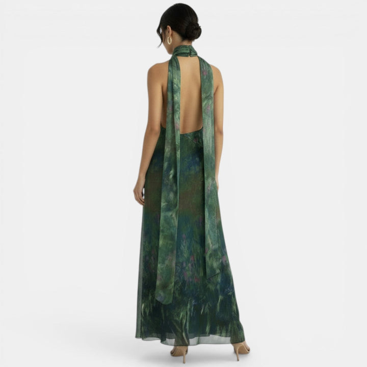 Vestido verde halter con lazo y espalda descubierta para mujer. Ideal para cóctel, fiesta u ocasiones especiales.