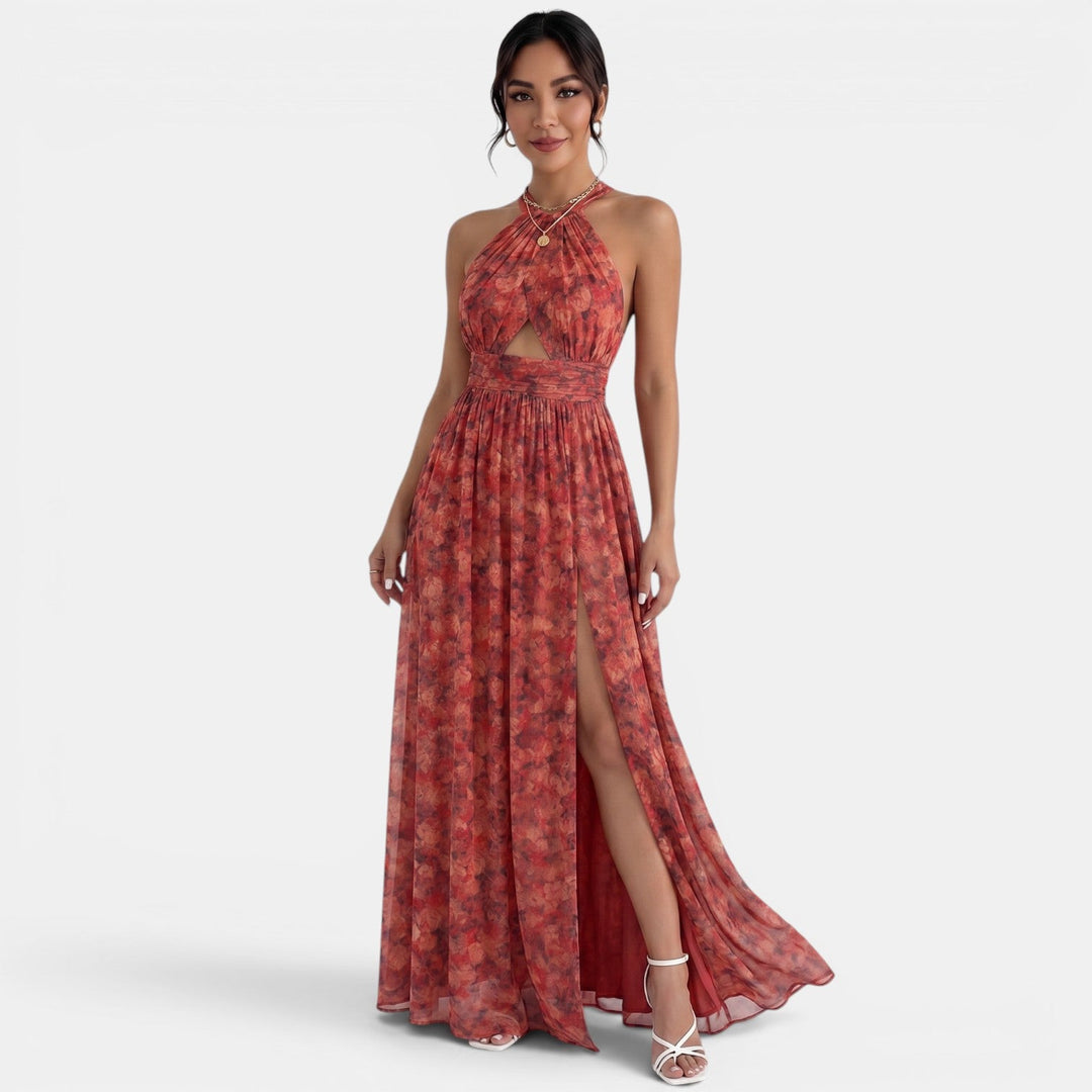 Vestido largo halter floral rojo para mujer, perfecto para fiestas de verano, eventos elegantes y ocasiones románticas.