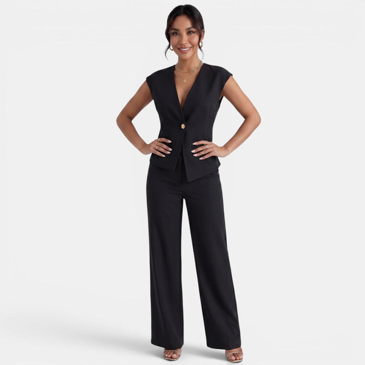 Conjunto sofisticado de blazer y pantalón ancho para mujer. Perfecto para un look formal y actual.