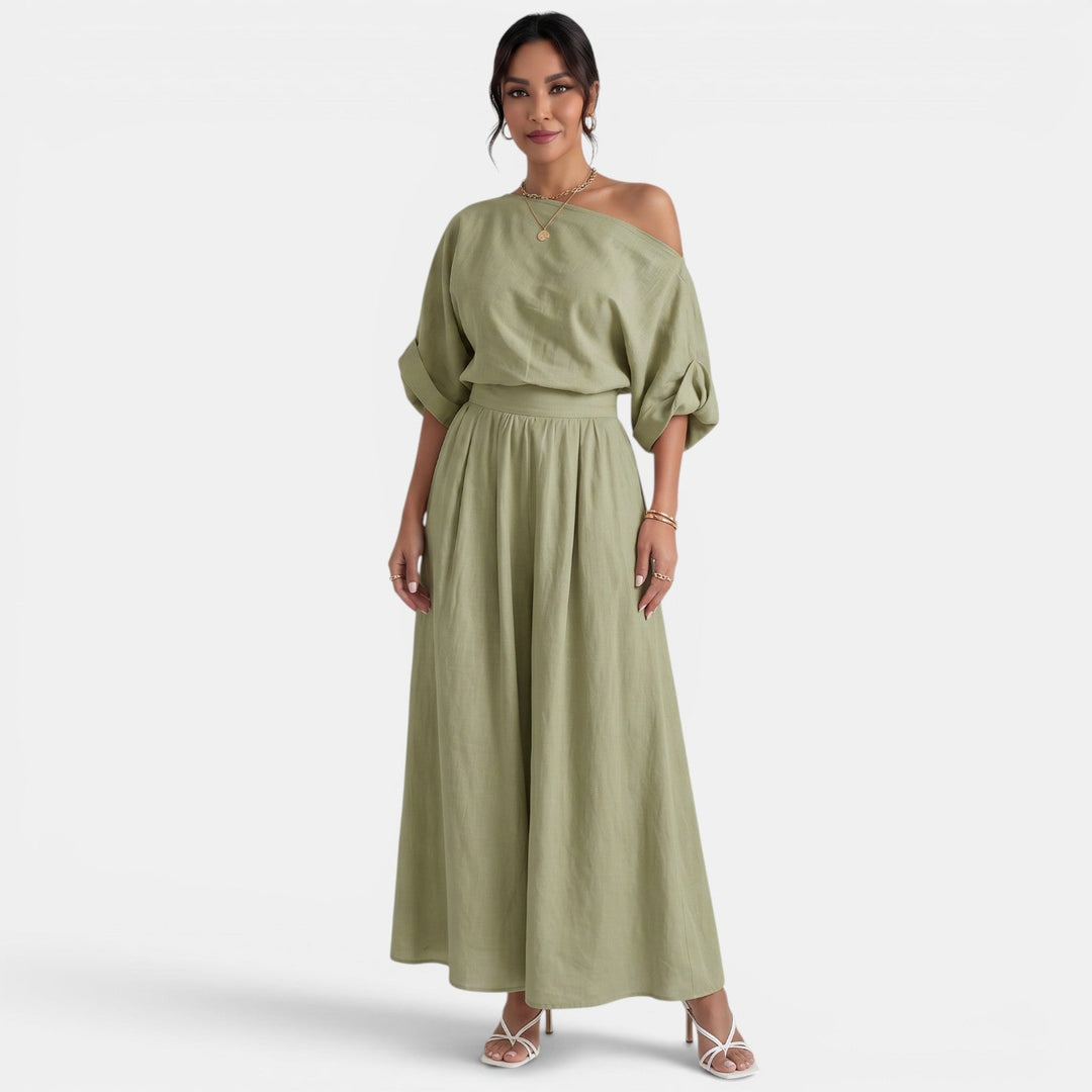 Comodidad y estilo: Conjunto de mujer top Bardot y pantalón fluido para eventos.