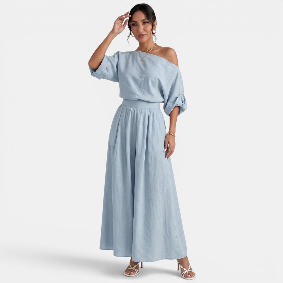 Conjunto mujer chic: top Bardot hombros descubiertos y pantalón fluido de verano.