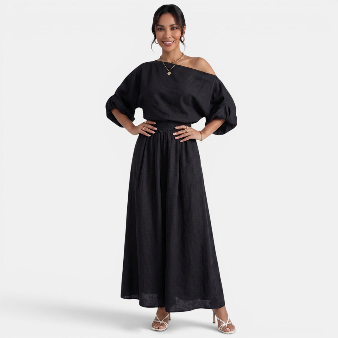 Conjunto mujer top Bardot y pantalón fluido, moda tallas grandes elegante.