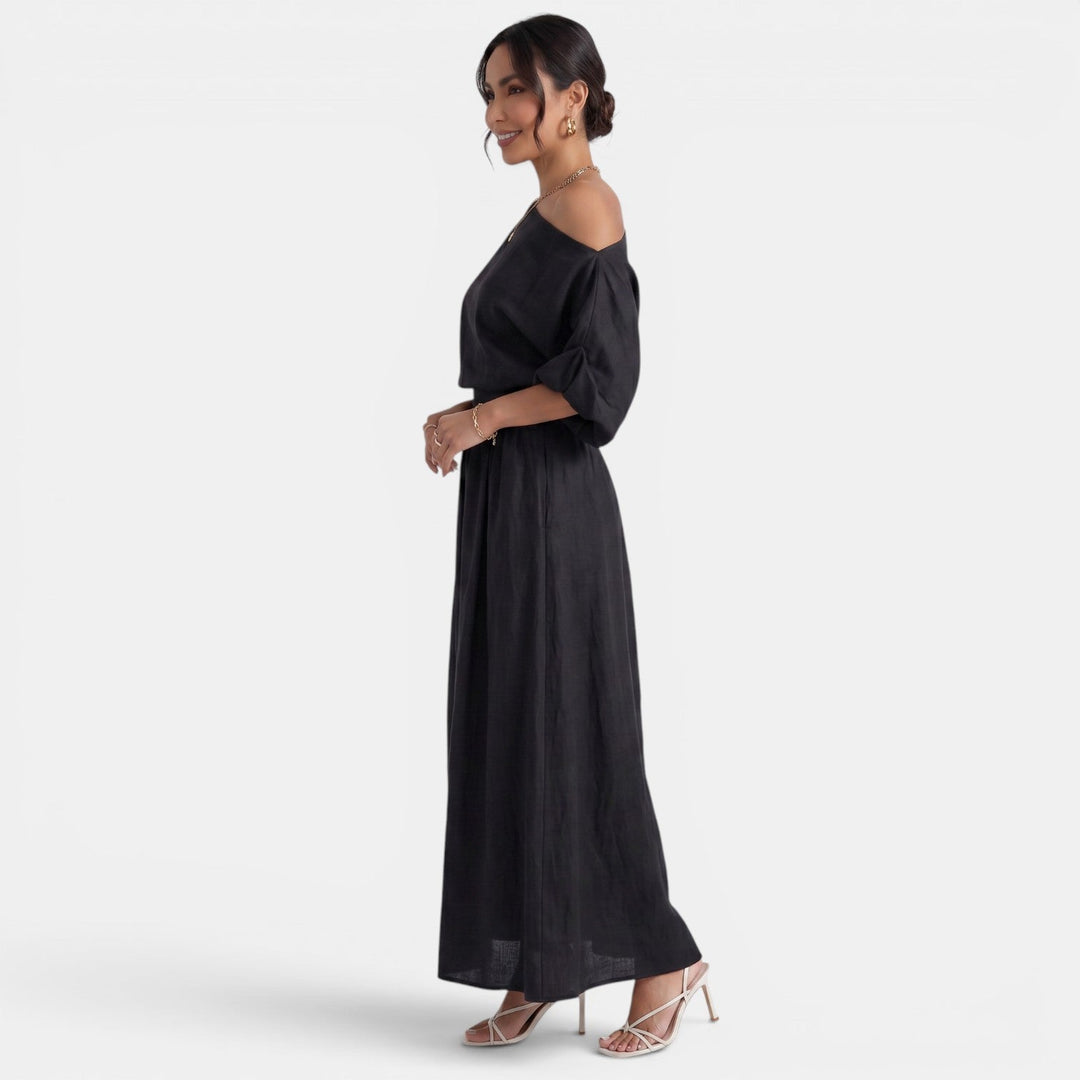 Pantalón fluido y top Bardot, conjunto mujer para un estilo cómodo y chic.