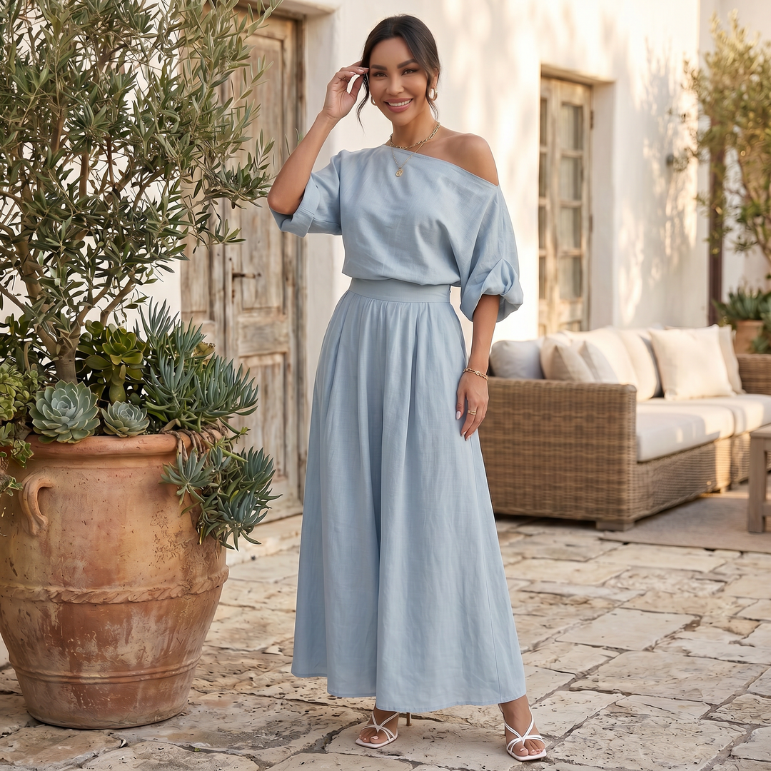 Moda mujer: Conjunto de dos piezas, top Bardot y pantalón fluido, muy chic.