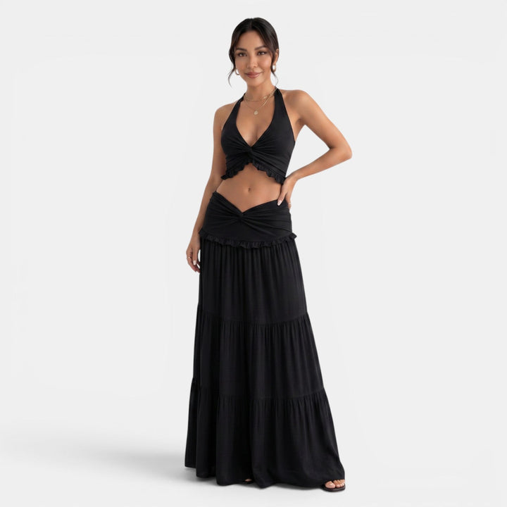 Ropa fresca de verano: Conjunto halter y falda larga con volantes para mujer, casual chic.