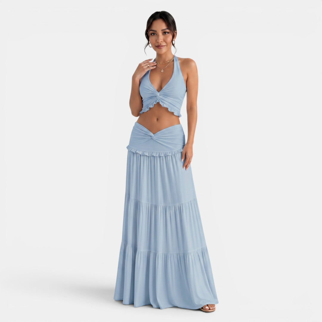 Dos piezas: Elegante top halter y falda larga con volantes, conjunto de moda para mujer.