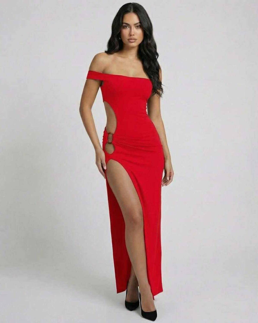 Vestido maxi rojo carmesí sin hombros para mujer. Diseño elegante y sofisticado, ideal para fiesta o gala.