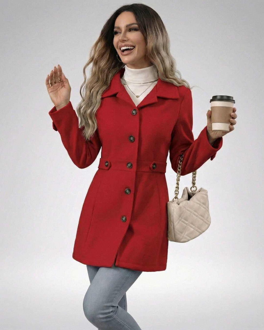 Textura premium de chaqueta carmesí ajustada. Comodidad y estilo elegante para la mujer moderna.