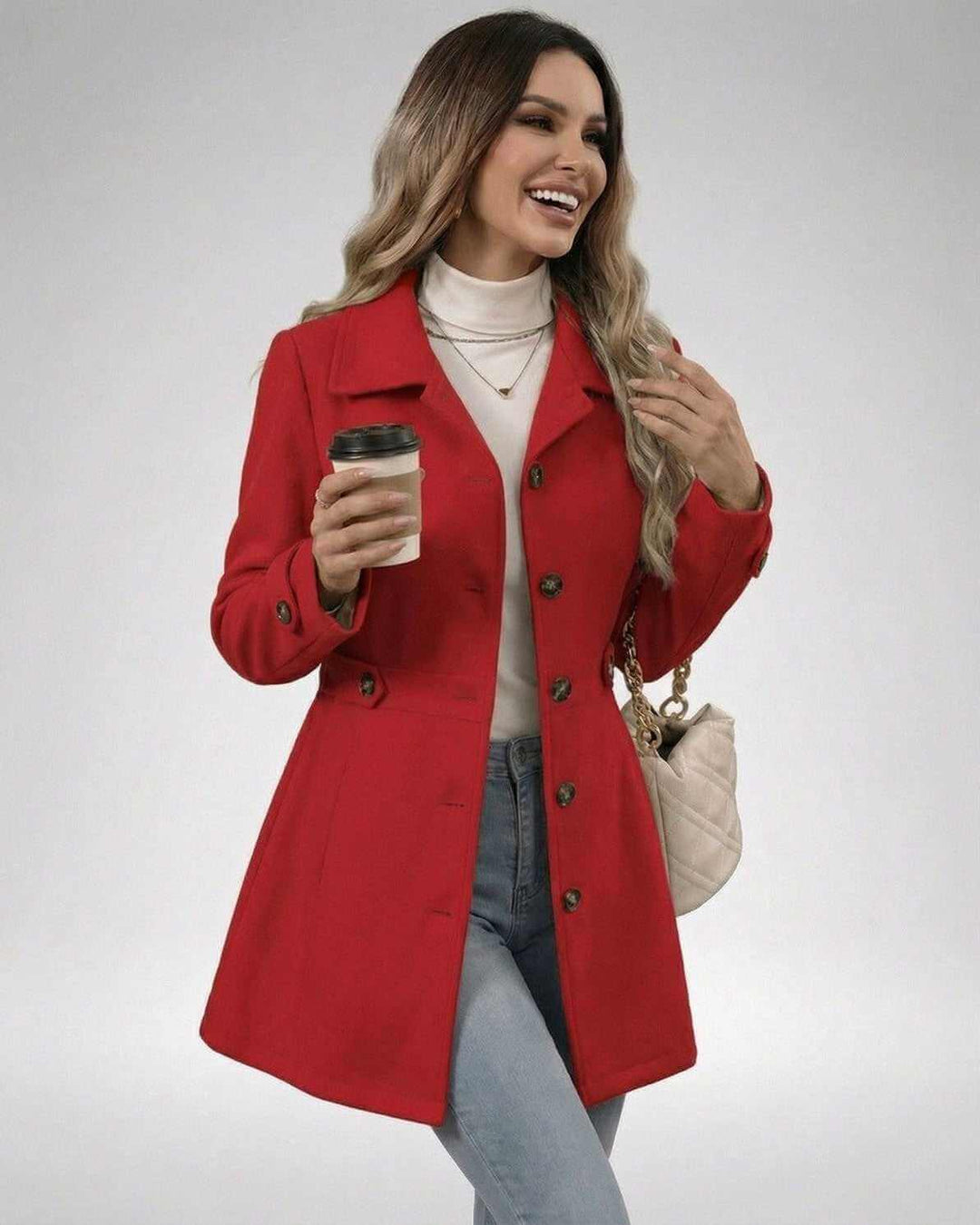 Modelo luciendo chaqueta carmesí ajustada para mujer. Estilo elegante y tendencia de moda femenina.