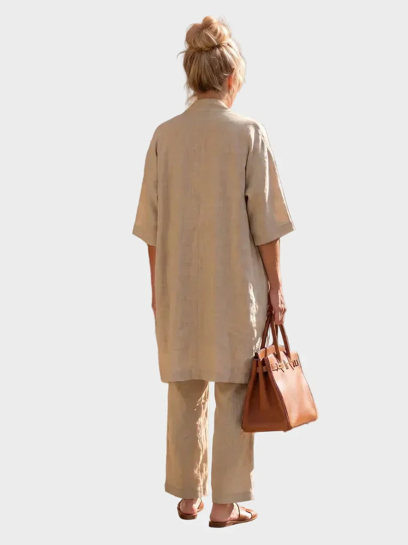 Ropa de verano para mujer. Conjunto de lino de tres piezas, fresco y cómodo, con pantalón ancho.