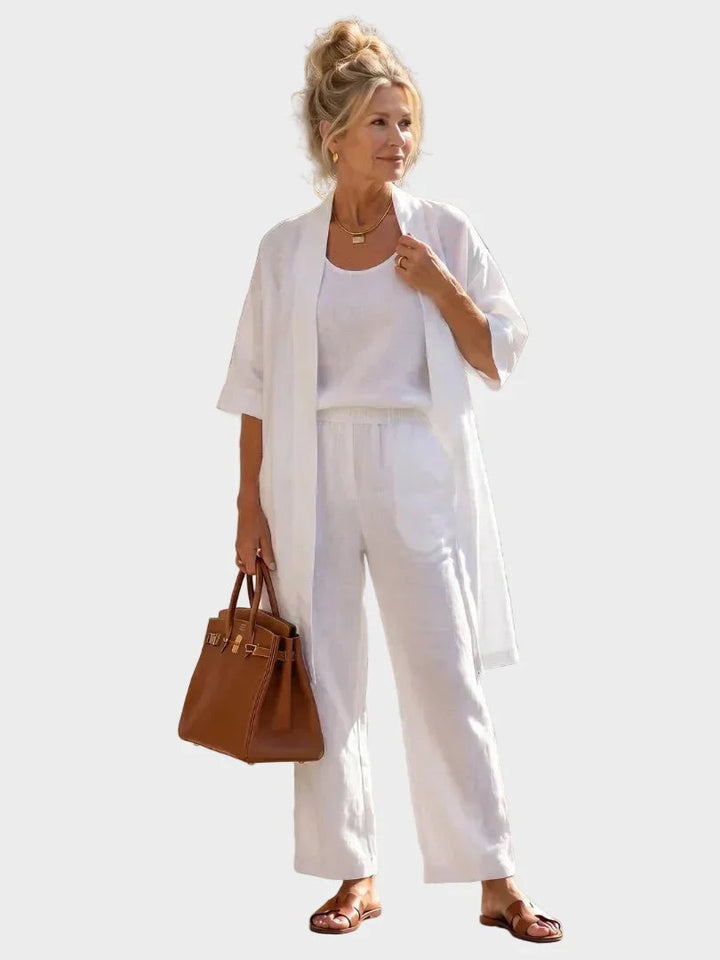 Conjunto de lino mujer. Ropa de tres piezas, fresca y versátil, con pantalón ancho para primavera-verano.