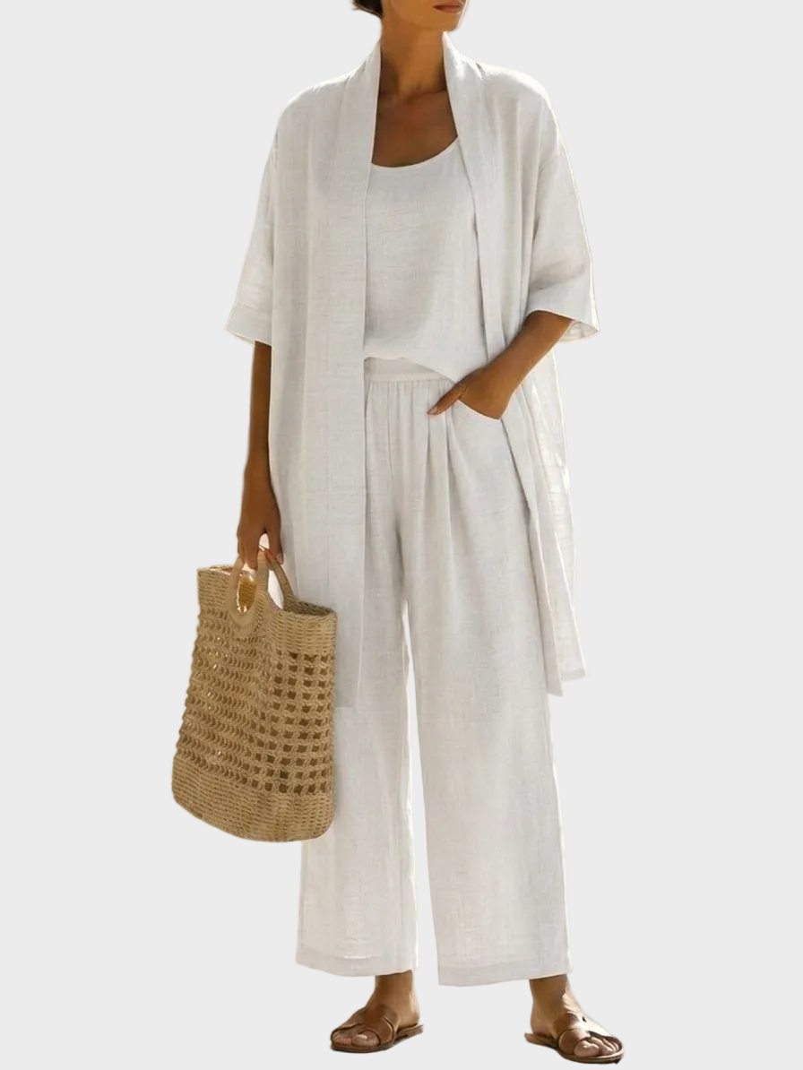 Conjunto de lino mujer, sofisticación y confort. Tres piezas con pantalón ancho y chaqueta larga para verano.