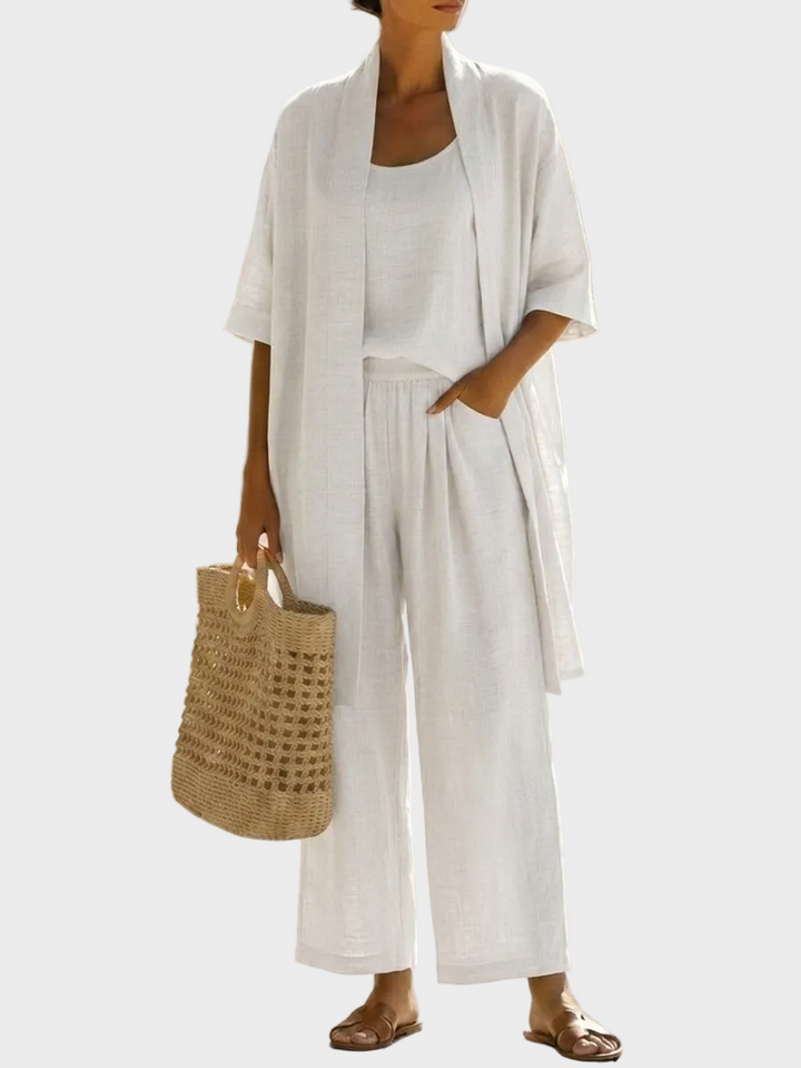 Conjunto de lino mujer, sofisticación y confort. Tres piezas con pantalón ancho y chaqueta larga para verano.