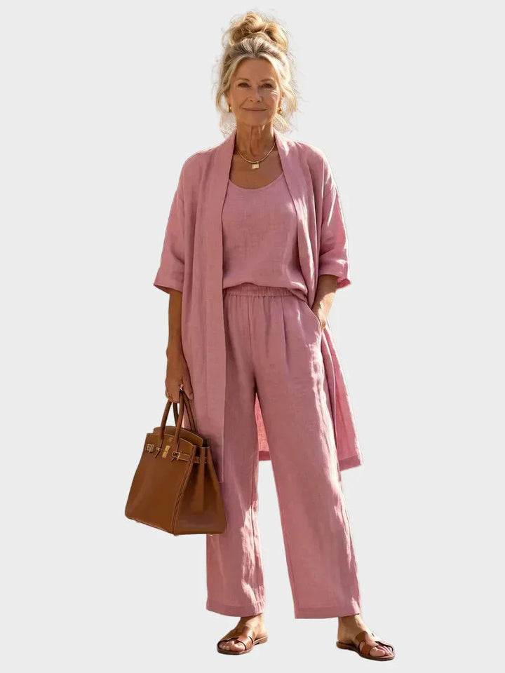 Set de lino de mujer, perfecto para el verano. Incluye pantalón ancho, top y chaqueta larga para un look casual.