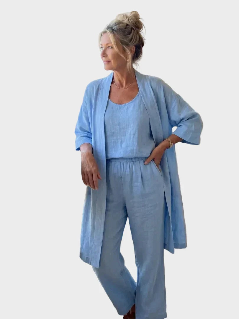 Traje de lino elegante y cómodo para mujer. Ideal para primavera y verano, incluye pantalón ancho.