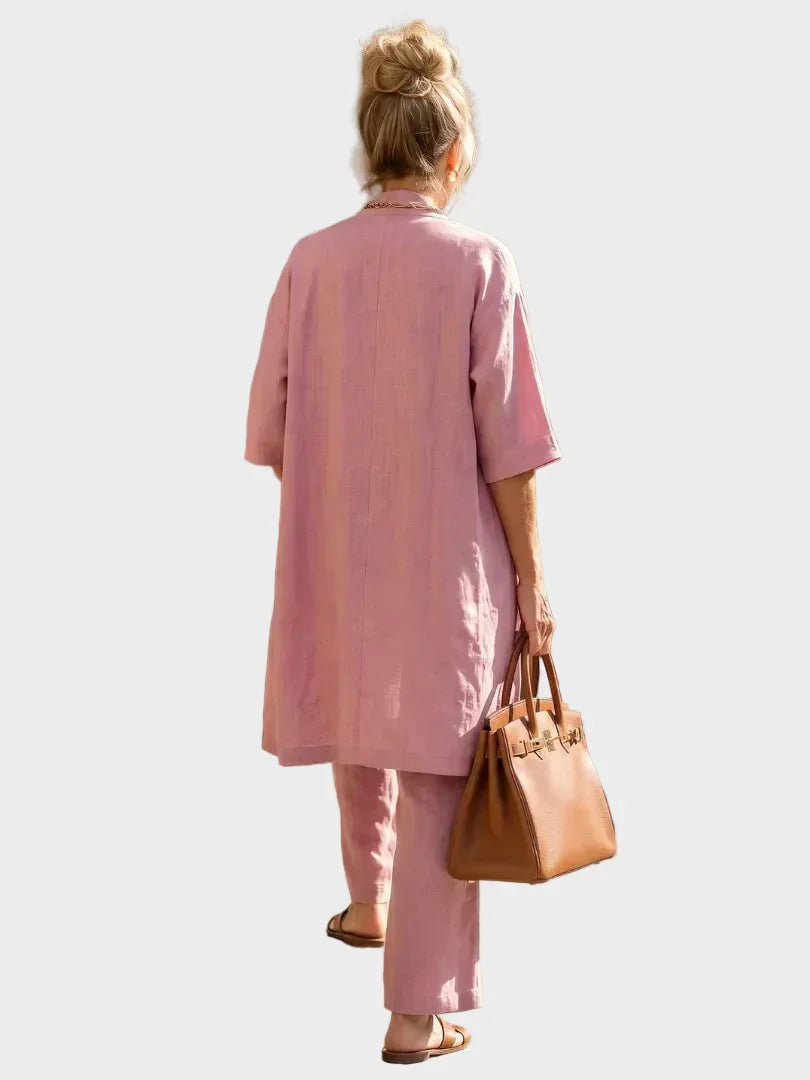 Conjunto de lino tres piezas mujer. Ropa de primavera-verano, casual y chic, con pantalón ancho.