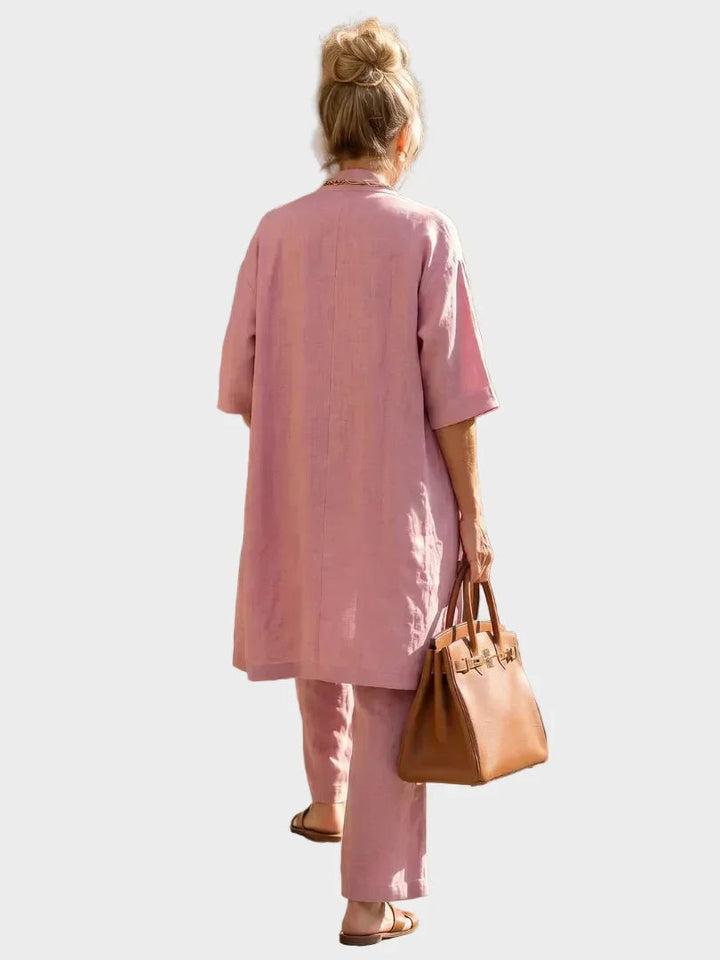 Conjunto de lino tres piezas mujer. Ropa de primavera-verano, casual y chic, con pantalón ancho.