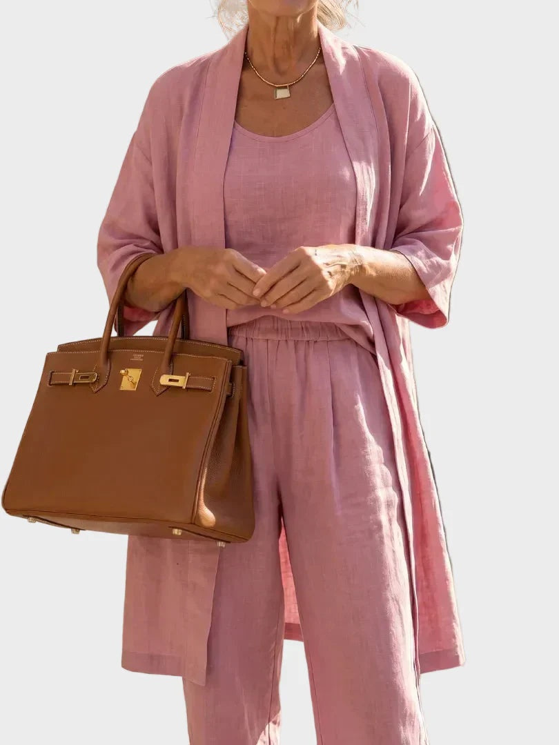 Lino para mujer, conjunto de tres piezas. Confortable y elegante, con pantalón ancho y chaqueta larga.