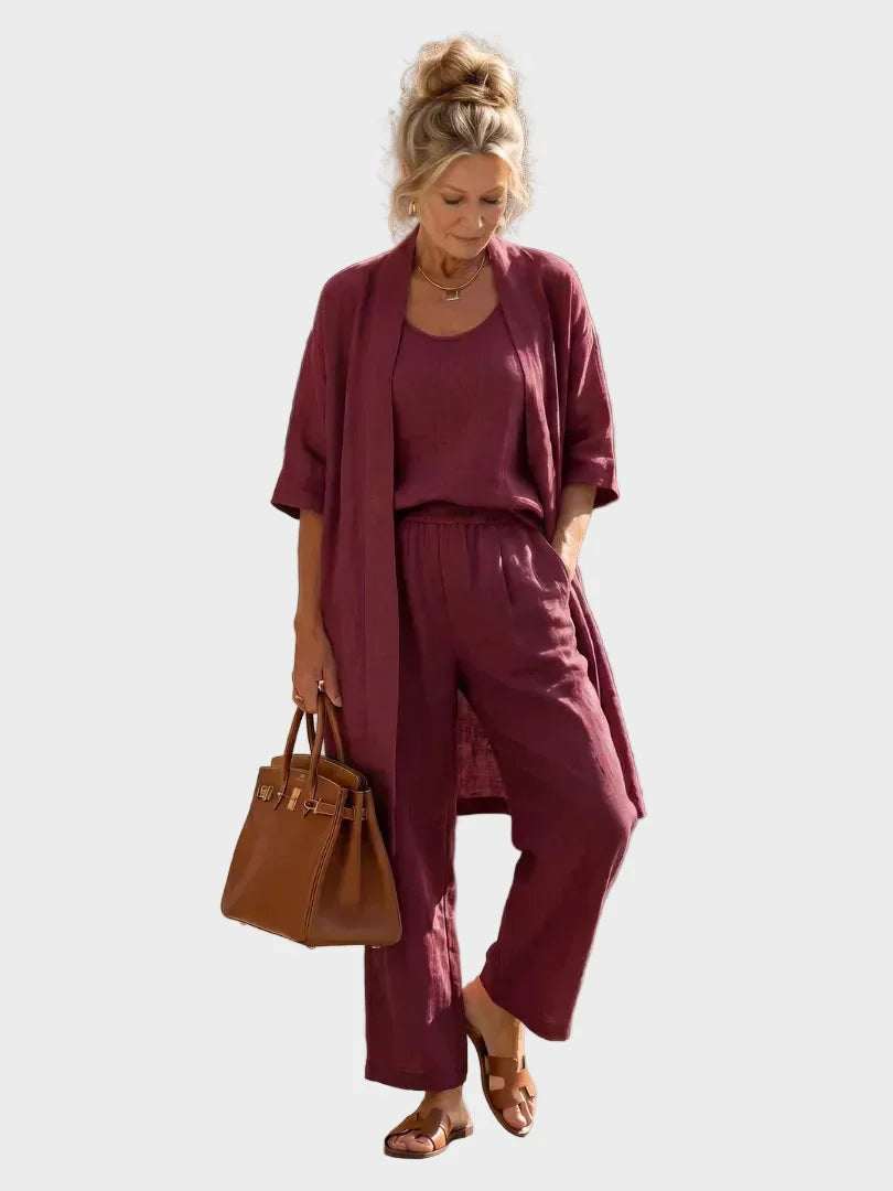 Conjunto de lino casual de mujer. Tres piezas cómodas y versátiles, con pantalón ancho para el día a día.