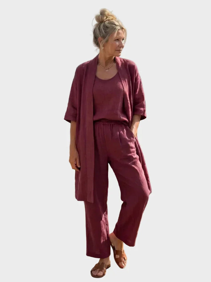 Lino mujer, conjunto de tres piezas con estilo. Ropa de primavera con pantalón ancho y chaqueta larga.