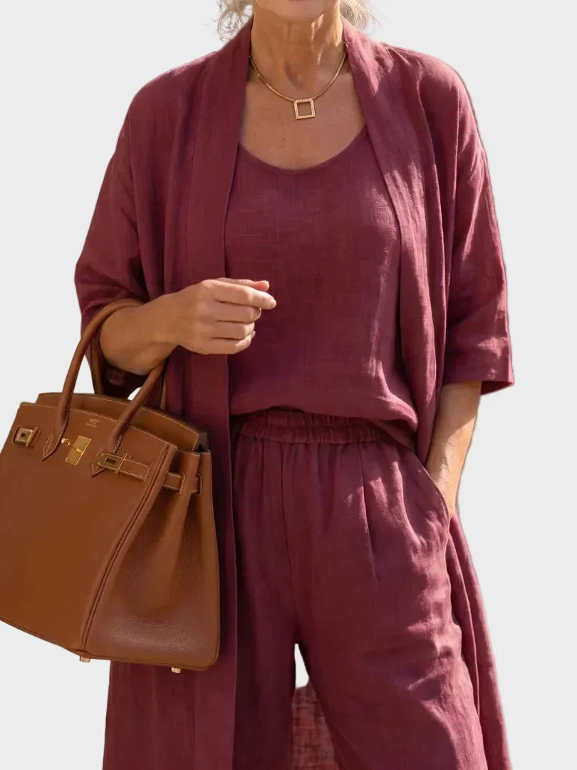 Ropa elegante de lino para mujer. Conjunto de tres piezas, cómodo para el verano, con pantalón ancho.