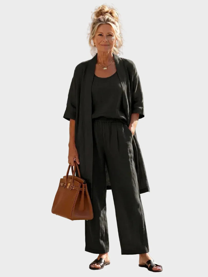 Ropa de lino de mujer. Conjunto tres piezas con pantalón ancho y chaqueta larga para un look cómodo.