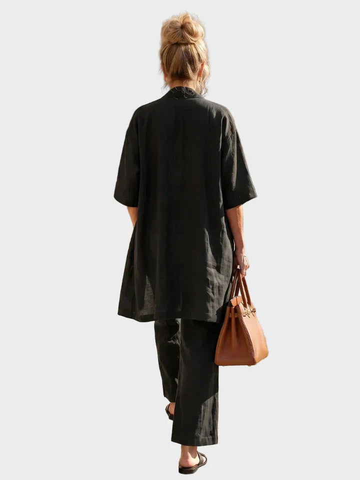 Set de lino mujer, elegante y versátil. Incluye chaqueta larga, top y pantalón ancho para primavera-verano.