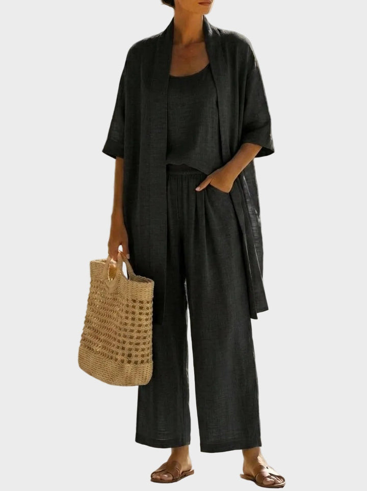 Lino de mujer: conjunto de tres piezas cómodo. Perfecto para verano, incluye pantalón ancho y chaqueta larga.