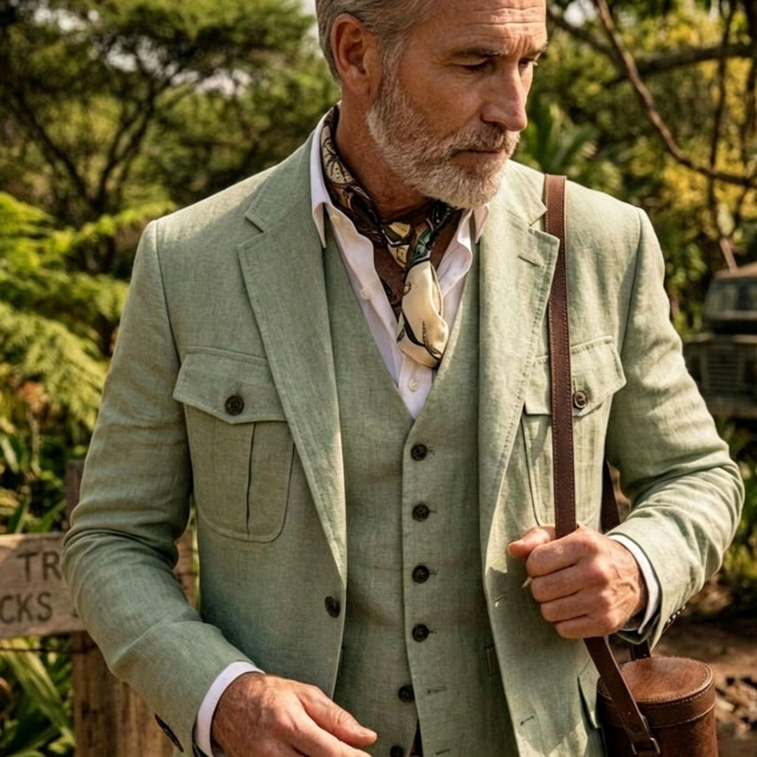 Chaqueta de traje elegante para hombre color beige, ideal para eventos de otoño/invierno. Estilo versátil formal y casual.
