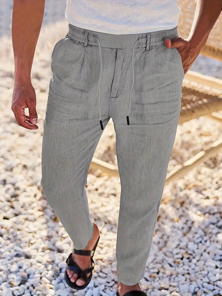 Comodidad veraniega: pantalones largos de lino para hombre con cordón, transpirables y ligeros.