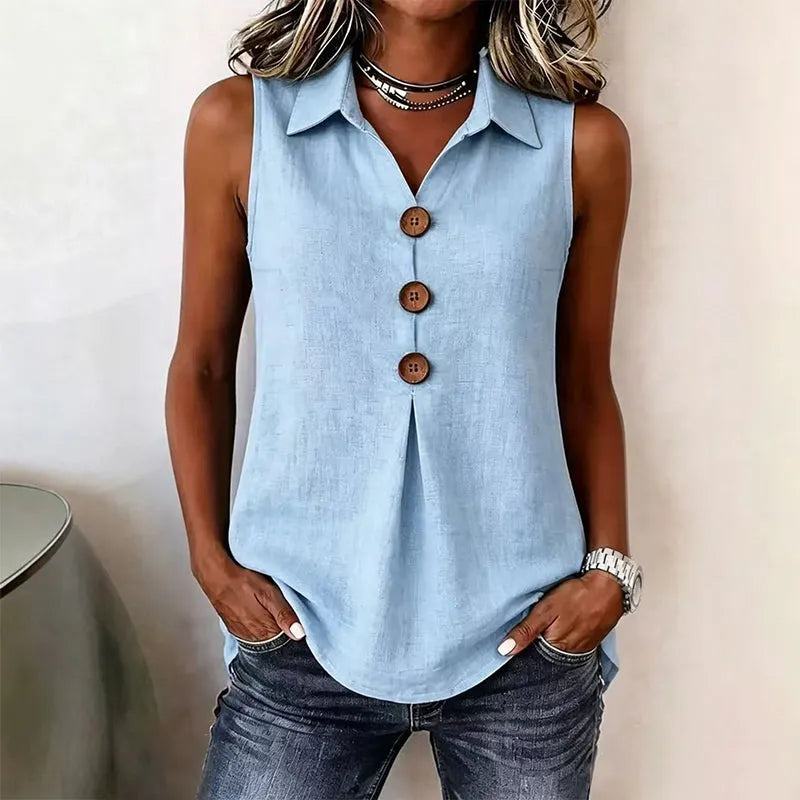 Camisa sin mangas elegante para mujer con cuello solapa, ideal para verano y primavera. Moda femenina casual.