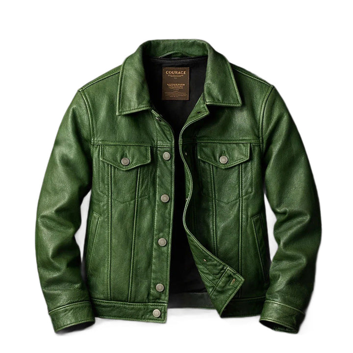 Abrigo verde de cuero sintético para hombre, estilo americano. Perfecto para entretiempo y look casual retro.