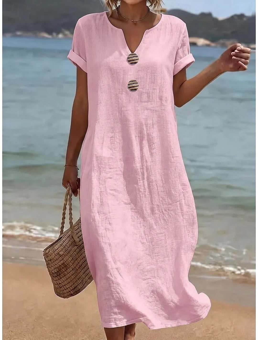 Vestido largo casual para mujer con botones y escote V, de efecto lino fresco para el verano.