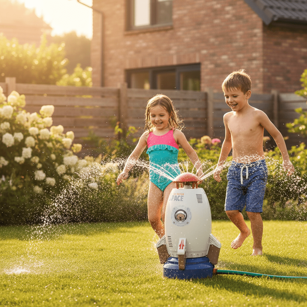 Niños felices jugando con juguete acuático giratorio 360°. Diversión refrescante para actividad infantil al aire libre.