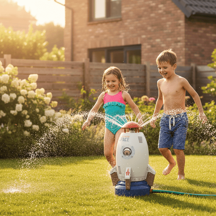 Niños felices jugando con juguete acuático giratorio 360°. Diversión refrescante para actividad infantil al aire libre.