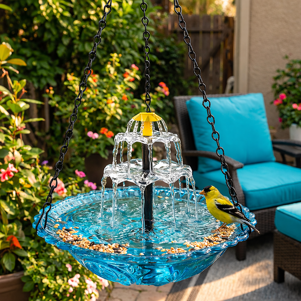 Fuente solar moderna para jardín, sin cables, con energía solar, ideal para decoración exterior práctica.