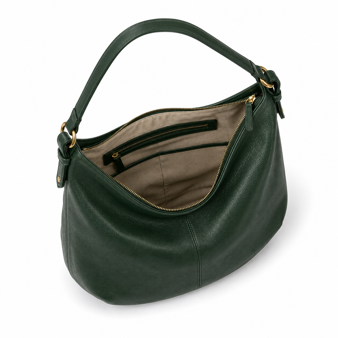 Bolso de moda estilo hobo para mujer, en color verde oscuro, elegante y funcional.