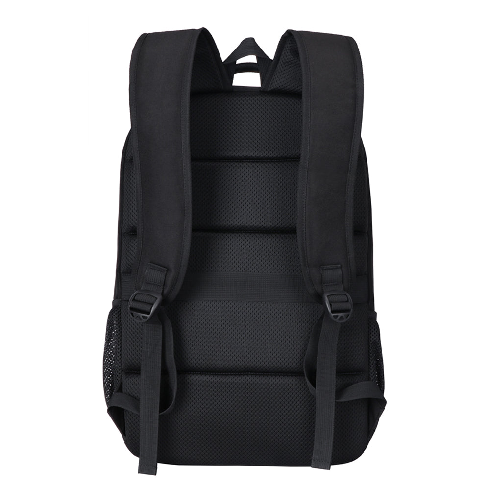 Mochila de seguridad para portátil con múltiples bolsillos, diseño antirrobo y conexión USB para viajes urbanos.