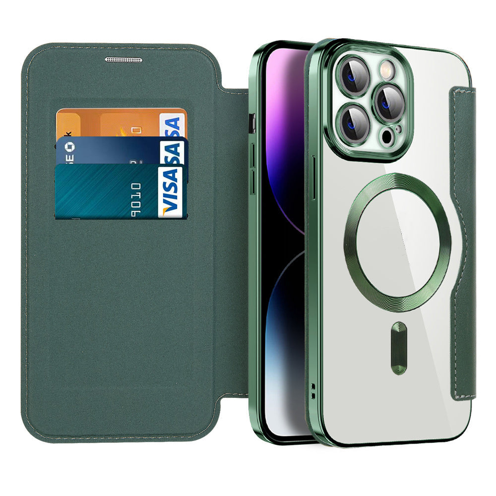 Funda de celular iPhone de cuero. Magnética, tipo flip, elegante, protectora y compatible con MagSafe.