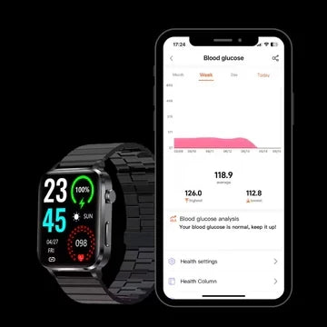 Elegante smartwatch unisex con monitor de glucosa no invasivo. Tu aliado para una vida más saludable.