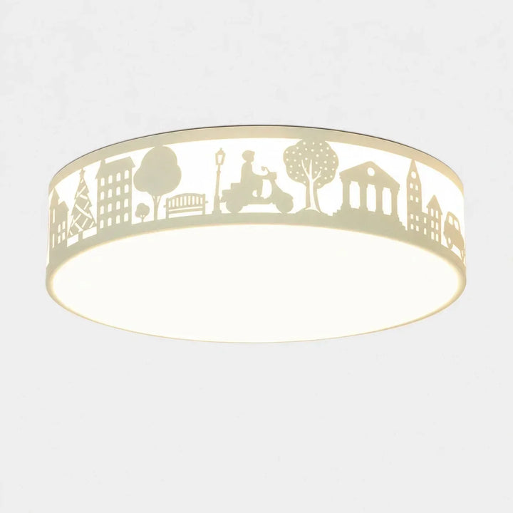 Lámpara de techo LED empotrada, con siluetas decorativas que proyectan un diseño único.