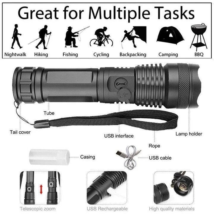 Linterna potente LED XHP50.2 recargable de 90000 lúmenes, versátil para cualquier aventura exterior.