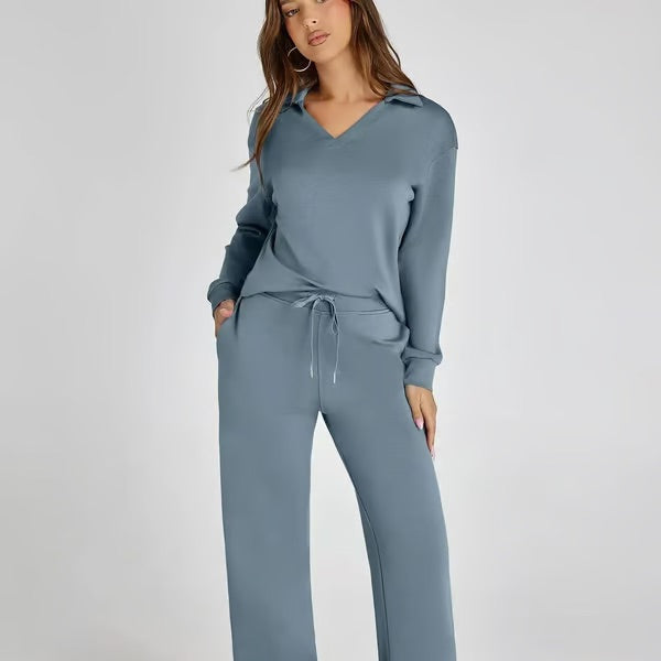 Conjunto loungewear de lujo para mujer, dos piezas suave de poliéster elastano.